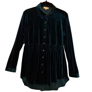 Umgee‎ Velour Long Sleeve Babydoll Button Down Tunic Blue Size Small